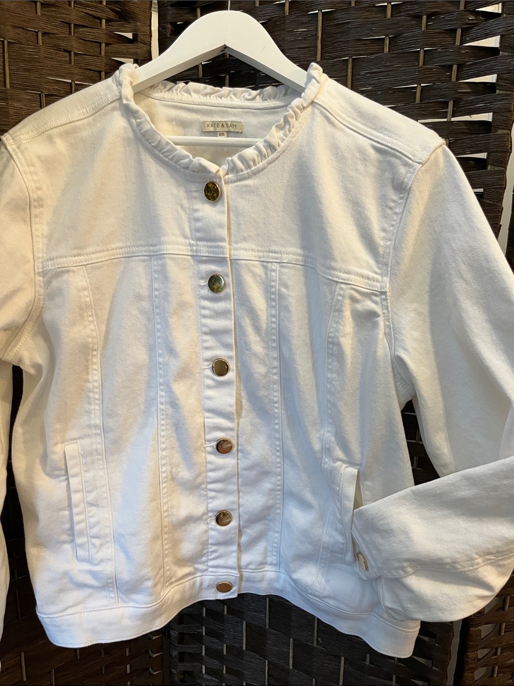 Kate & Sam Chic White Ruffle Neck Gold Button Front Jean Denim Jacket